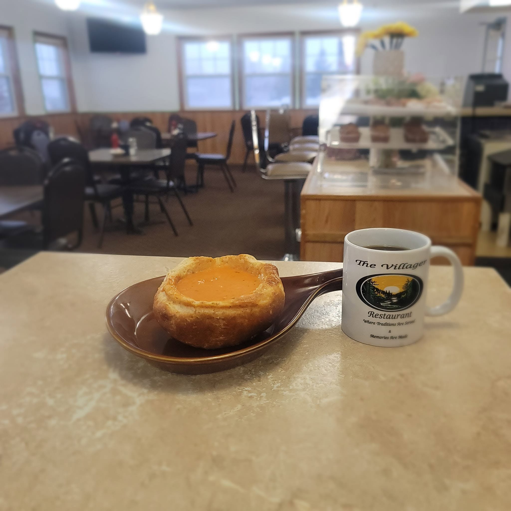 Soup in a bread bowl at The Villager Restaurant