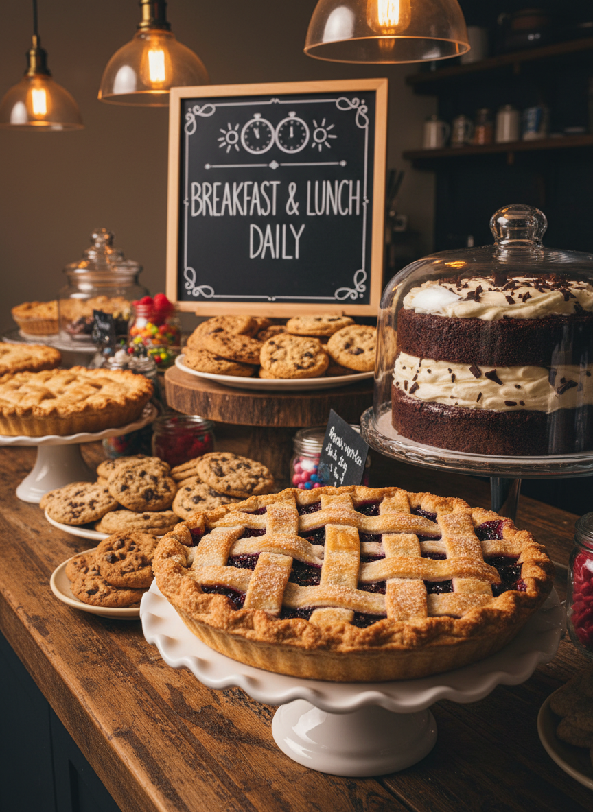 A playful, photographic close-up of the restaurant’s dessert counter, featuring an array of homemade pies, cakes, and cookies displayed on mismatched vintage cake stands and glass domes. The nearest dessert, a lattice-topped berry pie with bubbling fruit and a golden, sugar-sprinkled crust, sits in sharp focus, with a handwritten-style graphic behind it suggesting daily hours for breakfast and lunch only using small sun icons and clocks instead of readable text. Soft, warm interior lighting from above creates enticing highlights on whipped cream swirls and glossy fruit glazes, casting gentle shadows across the wooden counter. Shot at a slightly low angle to make the desserts look towering and irresistible, the atmosphere is fun, nostalgic, and small-town friendly, with rich colors and detailed textures in full photographic realism.