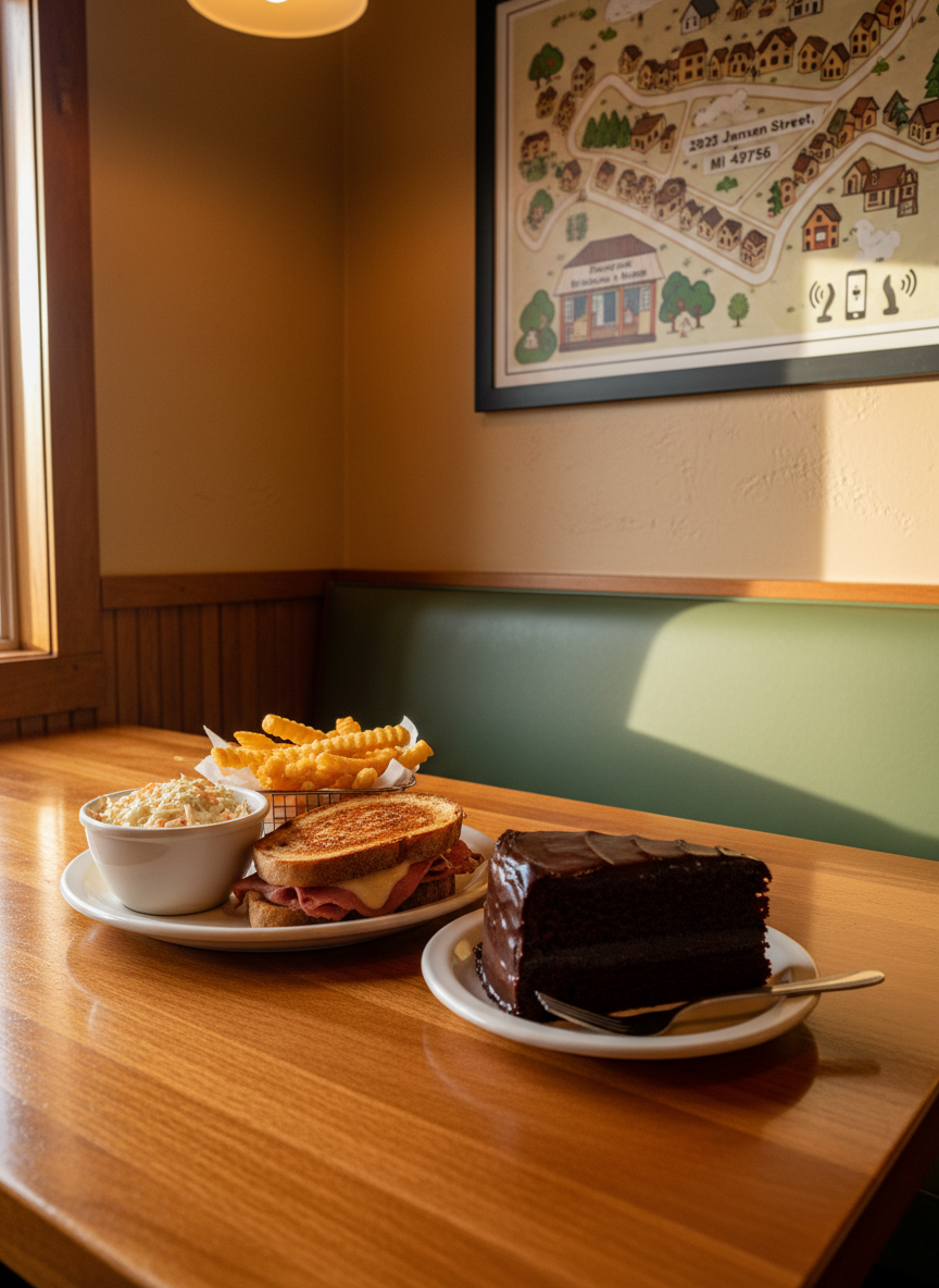 An inviting corner booth at Villager Restaurant with a polished, honey-colored wooden table holding a hearty lunch plate: a grilled sandwich with perfectly seared bread, a generous side of crispy fries, and a small bowl of homemade coleslaw, alongside a slice of decadent chocolate cake with glossy frosting. On the wall above, a framed graphic map-style artwork subtly incorporates the address “2935 Jensen Street, Lewiston, MI 49756” and reservation phone icons without legible text. Gentle midday sunlight streams through a side window, mixing with warm overhead lights to create soft reflections on the cake’s surface. Captured at a slightly elevated angle in photographic realism, the scene feels playful and welcoming, with a shallow depth of field that keeps the food in sharp focus while the background softly blurs.