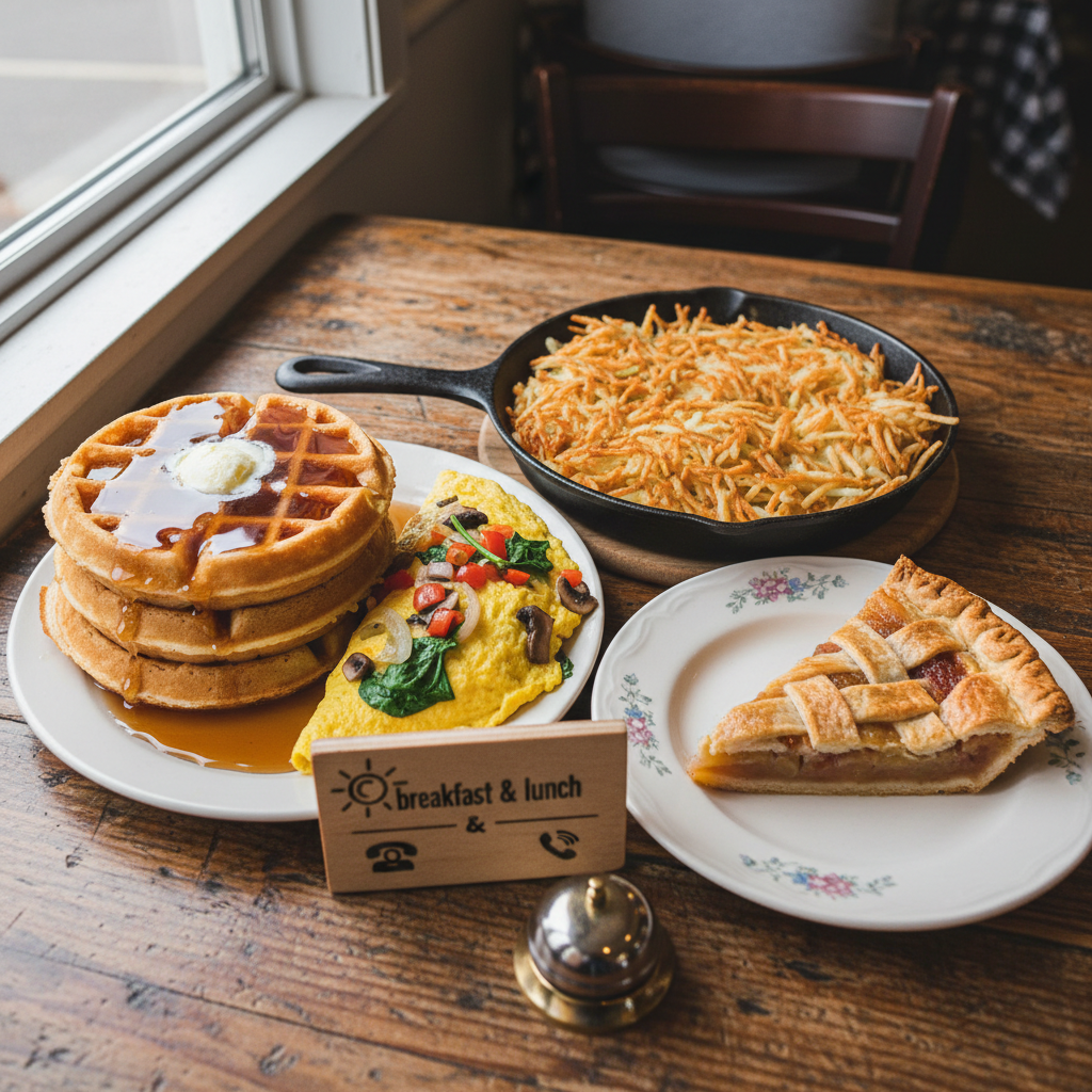 A close-up, overhead shot of a rustic wooden table inside a small-town restaurant, loaded with an abundant home-cooked breakfast feast: a cast-iron skillet of crispy hash browns, a stack of waffles with melting butter and maple syrup, a fluffy omelet packed with vegetables, and a slice of house-made pie on a delicate floral plate. A small, playful tabletop sign uses simple icons to suggest morning and midday sun, hinting that the spot serves breakfast and lunch only, while a discreet reservation bell symbolizes contact info. Soft, diffused daylight from a nearby window creates gentle highlights on the syrup and golden crusts, with natural shadows adding depth. The mood is warm, indulgent, and cheerful, captured in vibrant, photographic realism with shallow depth of field and the food centered in the composition.
